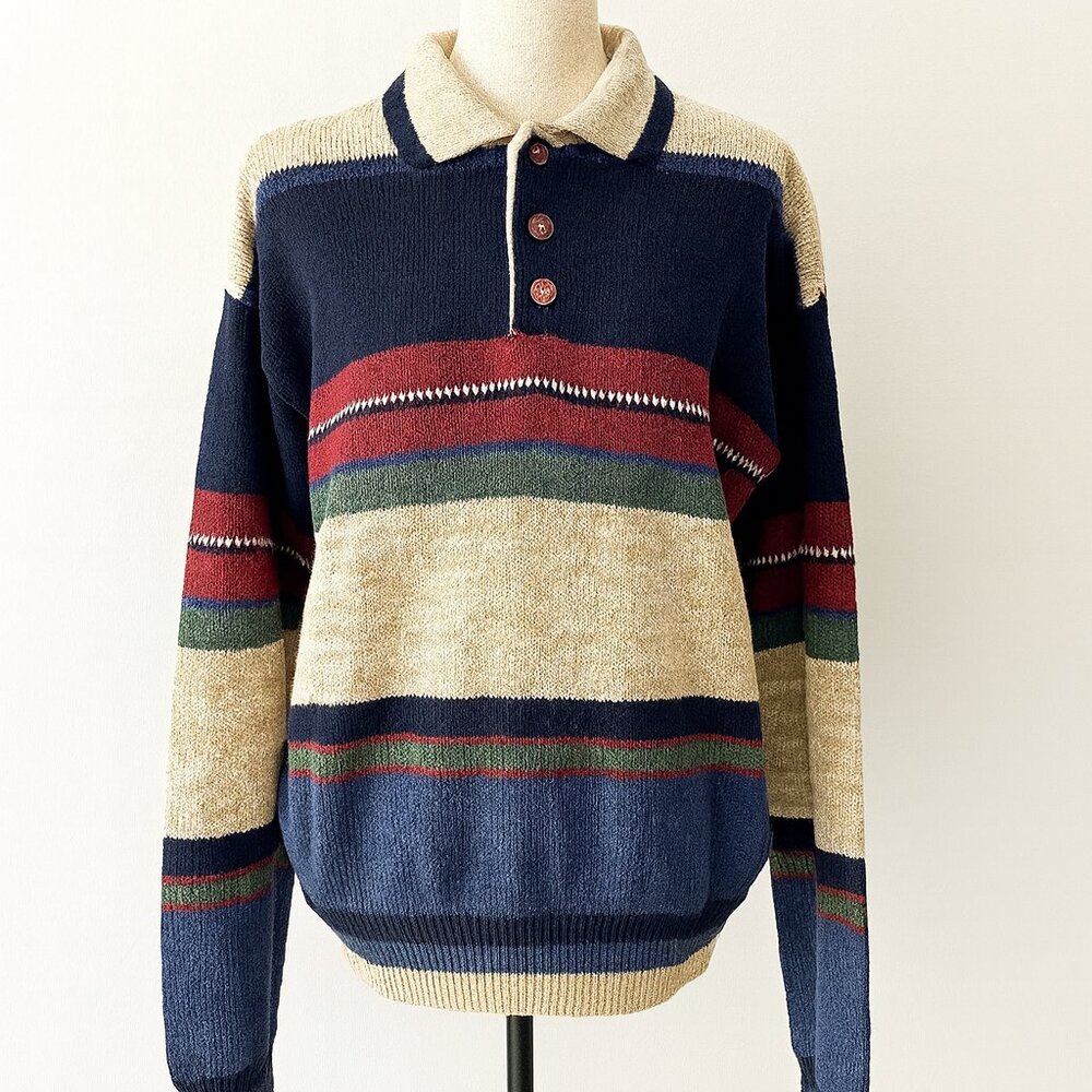 VTG Swedish Striped Knit Polo Sweater – Size M Scandi Colorblock Preppy Heritage